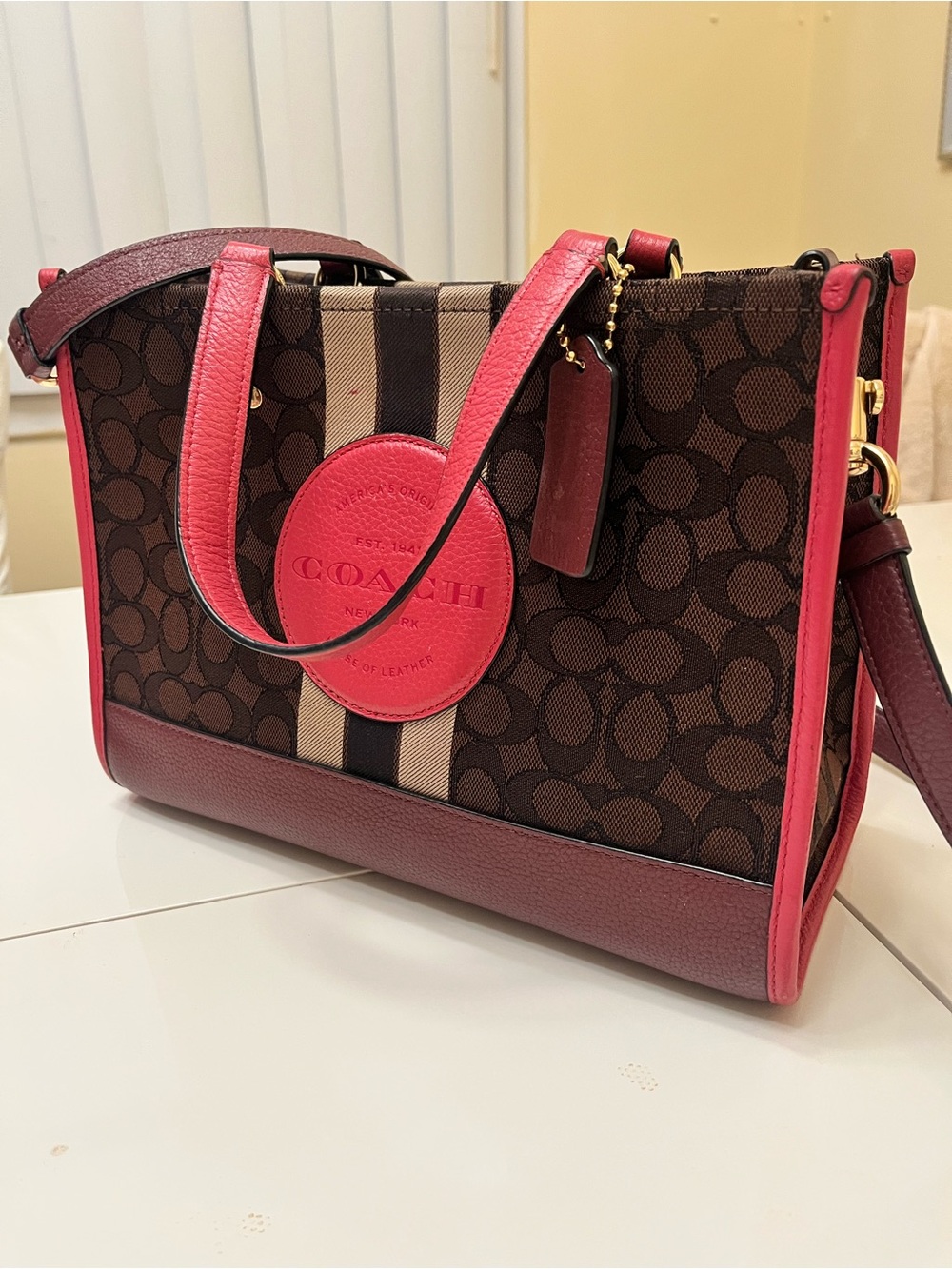 Coach Brown Signature Canvas Tote with Pink Trim